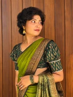 PARROT GREEN SEMI LINEN SAREE - Image 2