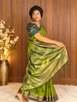 PARROT GREEN SEMI LINEN SAREE - Image 3