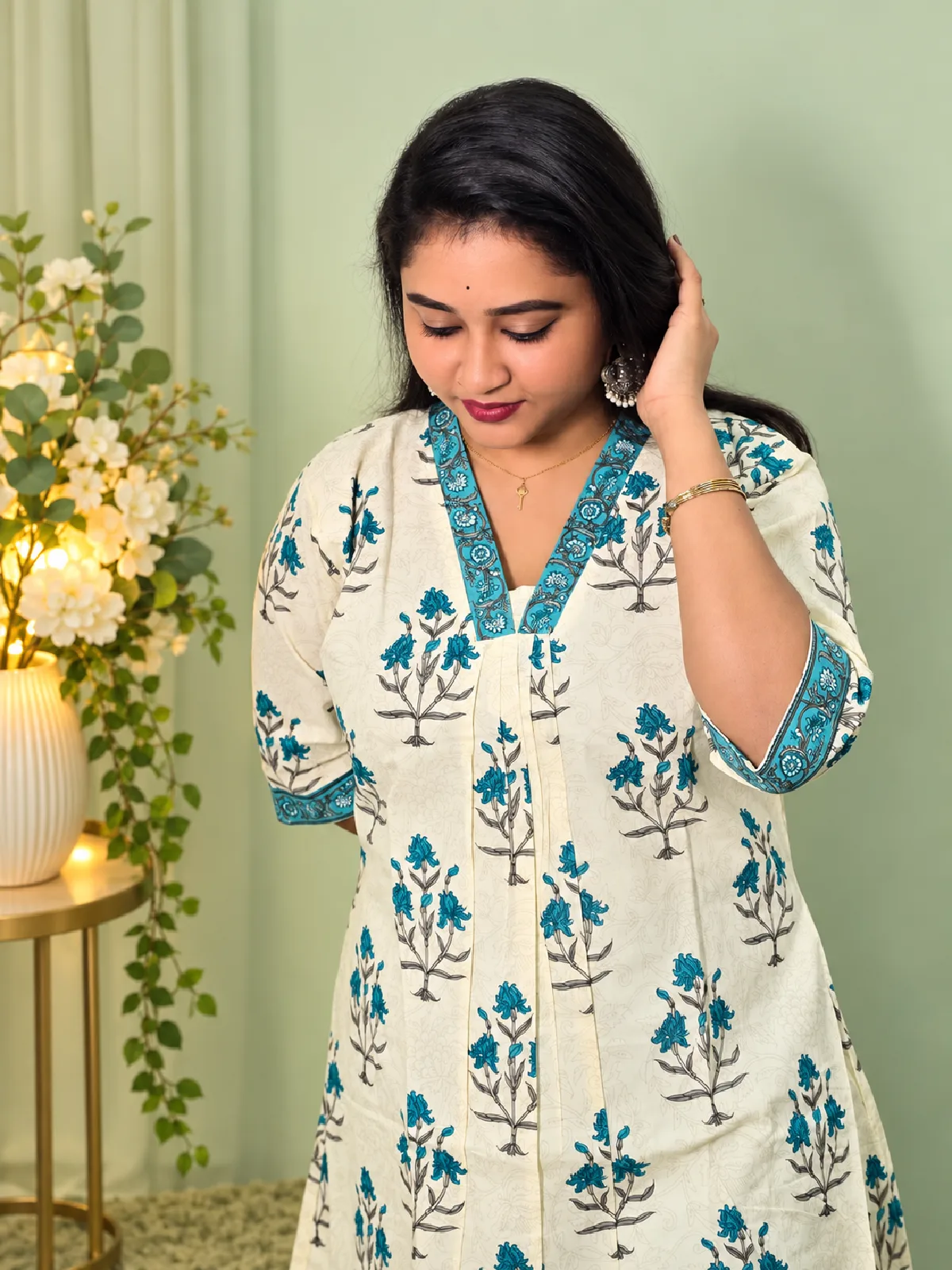 New Project (32) JAIPURI FLORAL PRINT YOKE KURTHI - Image 1